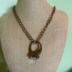 Elegant Brown Chain Necklace with large white stone ring pendant